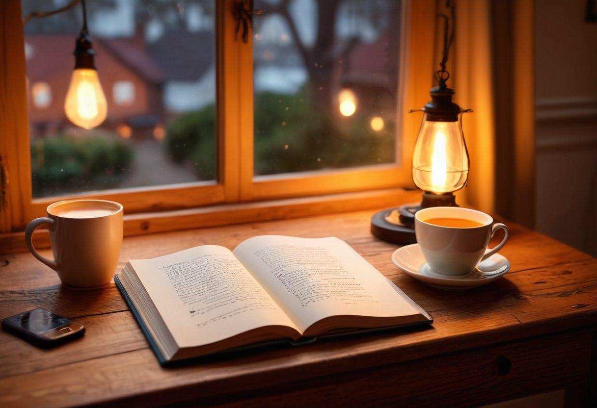 A serene and inviting digital diary open on a wooden desk, showcasing elegantly handwritten entries filled with emotions and sketches. Soft light filters through a window, illuminating thought-provoking quotes and heartwarming illustrations around it. A cozy cup of tea sits beside the diary, accompanied by a gentle glow from a nearby lamp, creating a warm atmosphere. This scene embodies personal storytelling and emotional connections. super-realistic. warm colors. soft focus.