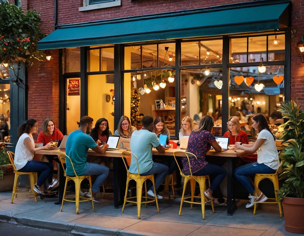 A vibrant community scene depicting diverse bloggers gathered around laptops in a cozy café, sharing ideas and laughter. Warm lighting and colorful decorations enhance the welcoming atmosphere, with elements symbolizing affection like hearts and flowers scattered throughout. Incorporate a large window showing a lively street outside, suggesting connectivity beyond the digital world. super-realistic. vibrant colors. cozy ambiance.