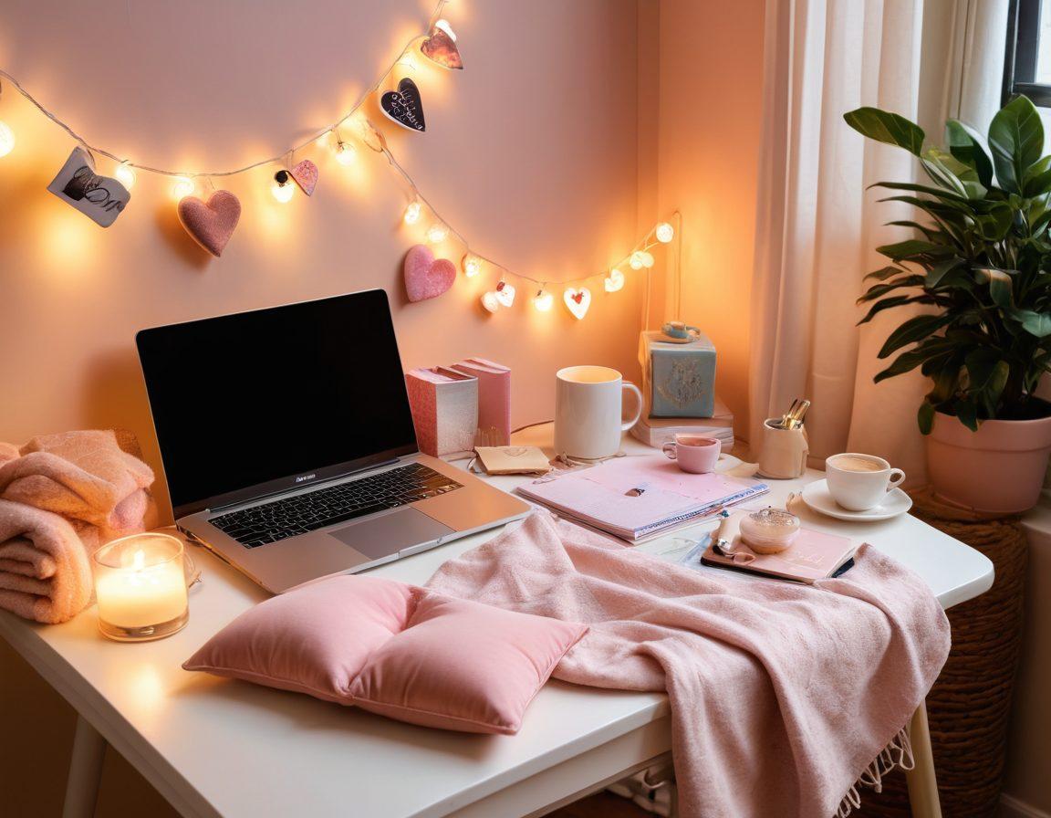 A warm and inviting workspace filled with love-themed decor, such as heart-shaped cushions and pastel-colored stationery. A laptop open with a blog titled 'Embrace the XOXO Lifestyle' displayed, surrounded by creative tools like pens and a coffee mug with a cozy blanket draped nearby. Delicate string lights illuminate the scene, enhancing the cozy atmosphere, evoking feelings of connection and creativity. vibrant colors. cozy aesthetic. warm lighting.